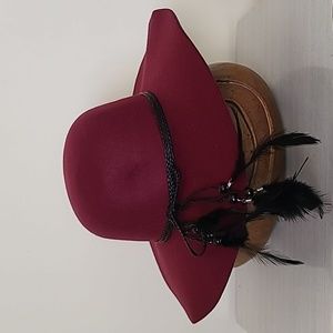 Wine Felt Wide Brim Hat Feathers Braided Black Band Beads